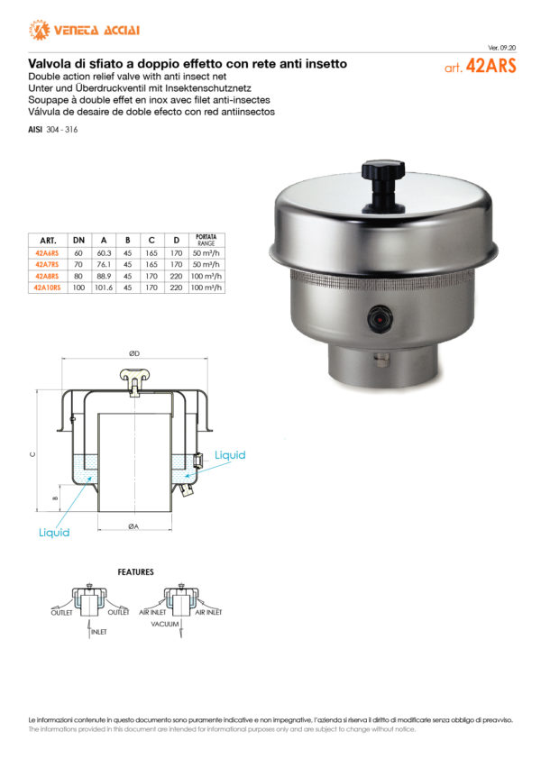 Soupape à double effet en inox avec filet anti-insectes